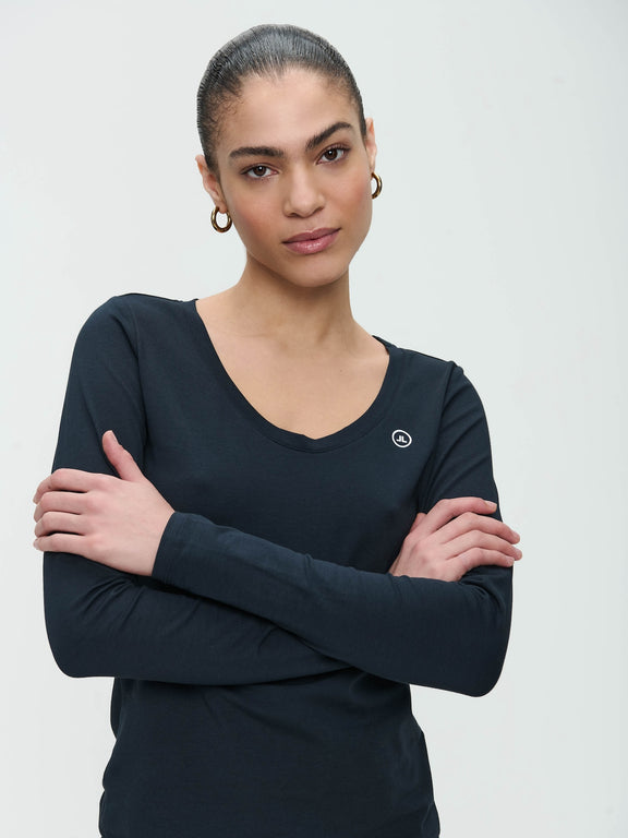 T-shirt con collo a R, facile da indossare, cotone organico | Blu