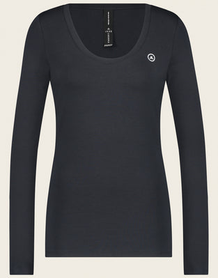 T-shirt con collo a R, facile da indossare, cotone organico | Blu