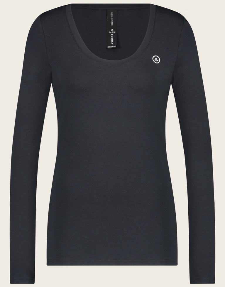 T-shirt con collo a R, facile da indossare, cotone organico | Blu