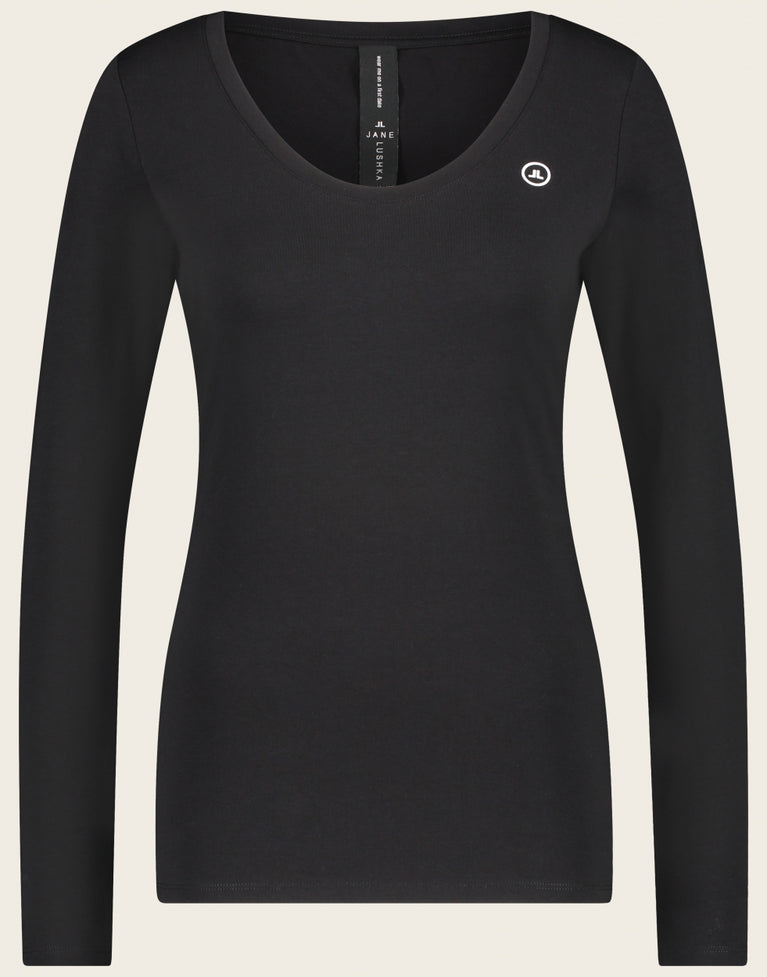 T-shirt con collo a R, facile da indossare, cotone organico | Nero