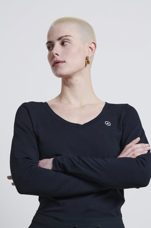 T-shirt con collo a R, facile da indossare, cotone organico | Blu