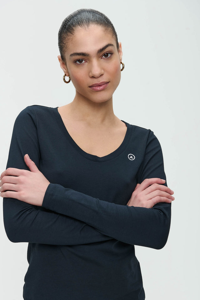 T-shirt con collo a R, facile da indossare, cotone organico | Blu
