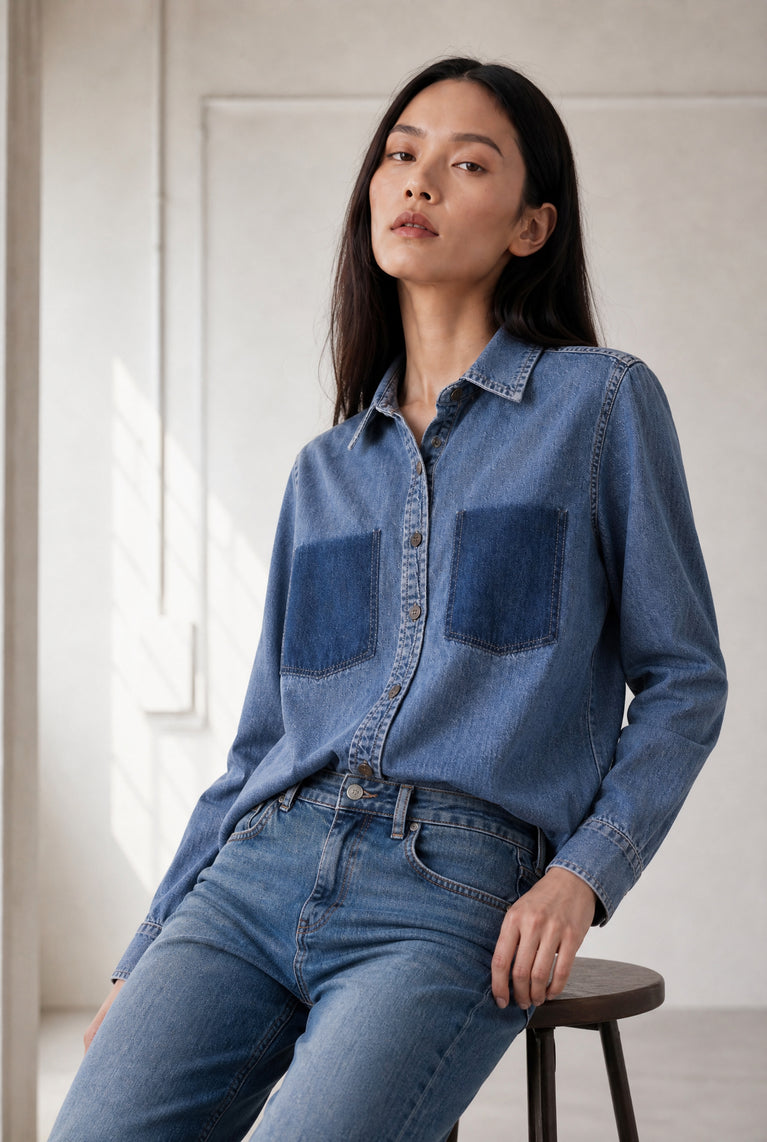 Western repair denim shirt | Flu Blue
