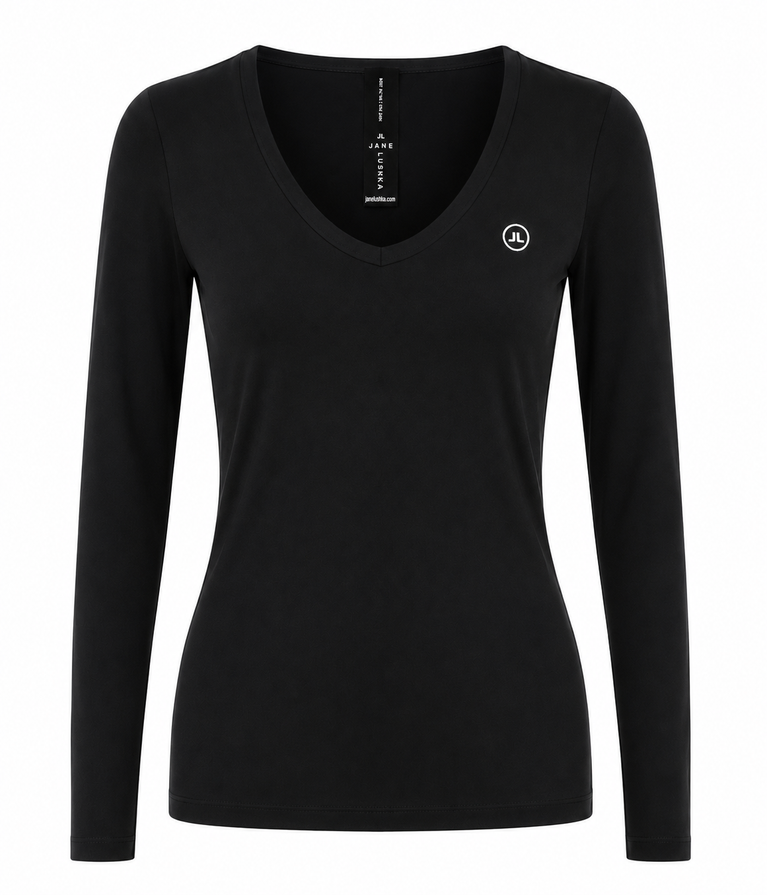 T-shirt con collo a R, facile da indossare, cotone organico | Nero